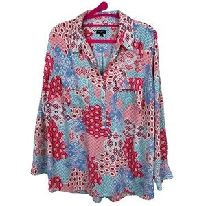 Talbots Top Women Plus 1X Long Roll Tab Sleeve Multicolor Button Up Shirt Blouse